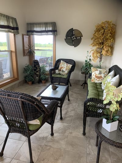 Comfortable seating area in a bright common room