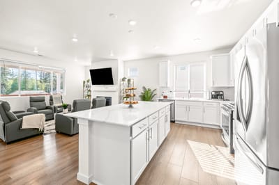 Bright and modern interior kitchen and living area