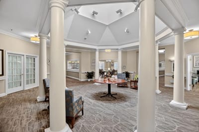Bright common area with seating and decor