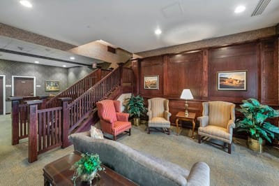 Cozy lobby area with comfortable seating and decor