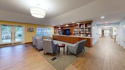 Interior common area with seating and shelves