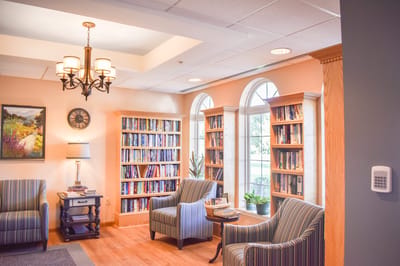 Interior view of a cozy library area with bookshelves
