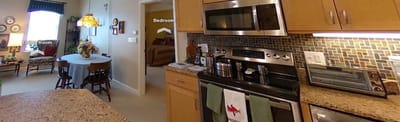 Interior view of a kitchen and living area