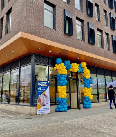 Entrance of a senior facility decorated for an event