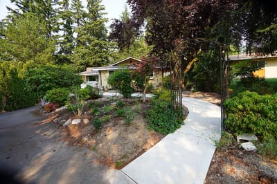 Well-maintained exterior garden path leading to a facility entrance