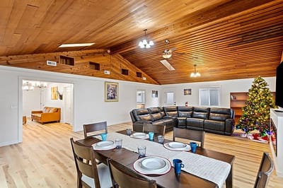 Interior view of a spacious common area with decorations