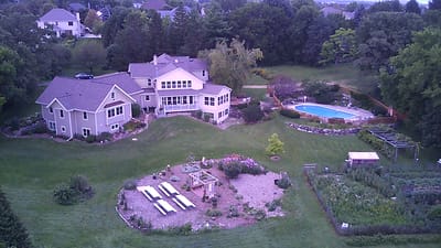Aerial view of a senior care facility with outdoor spaces