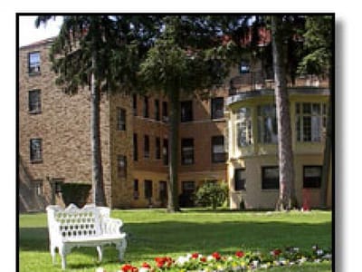 Outdoor garden area with bench and building in background