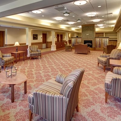 Common area of a senior living facility with seating