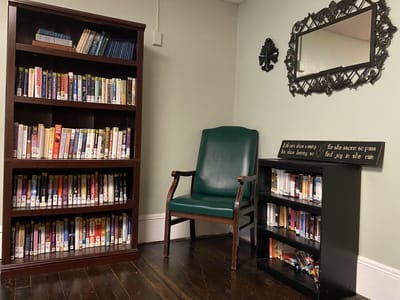 Interior of a cozy library with bookshelves and a chair