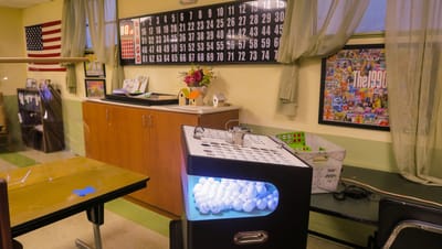 Interior of a common area with bingo setup