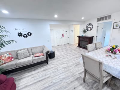 Bright common area with seating and decor