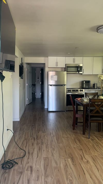 Interior view of a kitchen and dining area