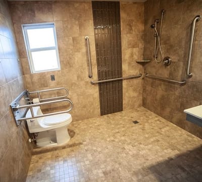Accessible bathroom with grab bars and shower