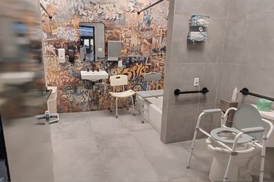 A bathroom interior with modern design elements
