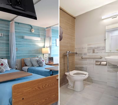 Inside view of a resident room with two beds and bathroom