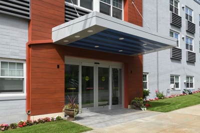 Exterior view of the entrance to a nursing home