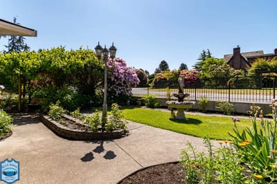 Beautiful garden area with flowers and a fountain