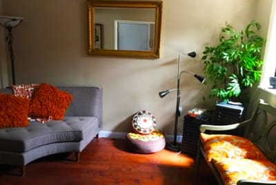 Cozy common area with seating and decorative elements