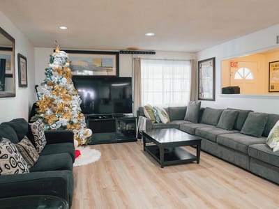 Bright common area decorated for the holidays