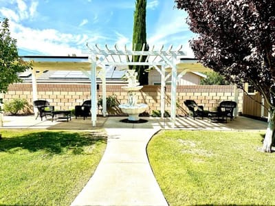 Quiet outdoor space with a fountain and seating area