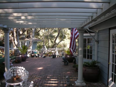 Outdoor patio area with decorative elements