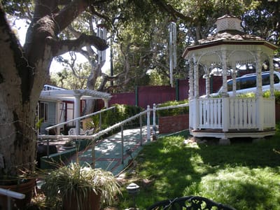 Outdoor gazebo in a landscaped area