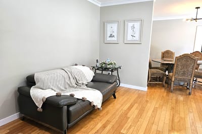 Comfortable living room area with couch and dining table
