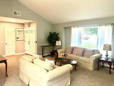 Bright and inviting common area with seating