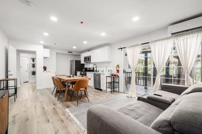 Interior view of a modern living space with dining area