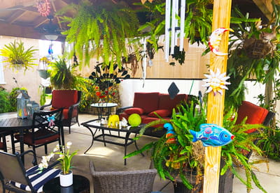 Cozy outdoor common area with plants and seating