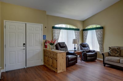 Interior view of a common area with seating