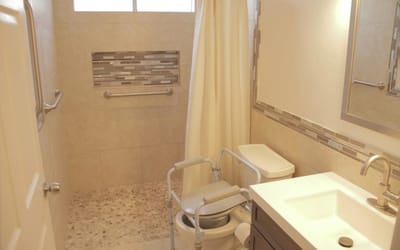 Accessible bathroom with grab bars and fixtures