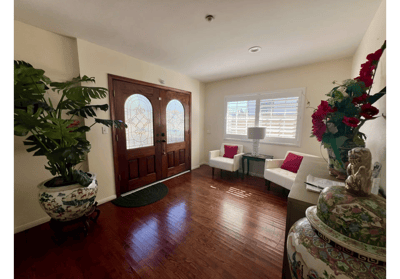Bright interior lobby with seating and decor