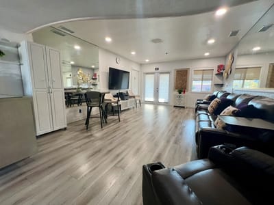 Interior view of a cozy common area with seating