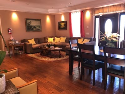 Cozy common area with seating and artwork
