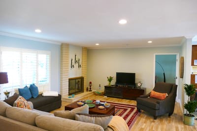 Cozy common area with seating and a fireplace