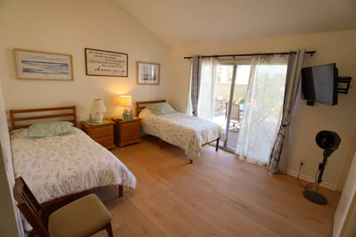 Bright twin bedroom with soft decor and natural light