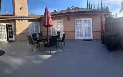 Outdoor patio area with a seating arrangement