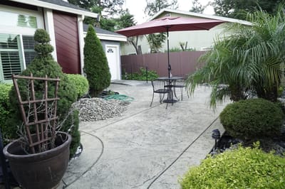 Outdoor patio area with seating and plants