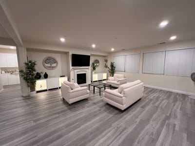 Interior view of a cozy common area with sofas