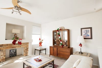 Cozy living room decorated for the holidays