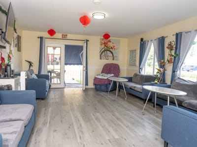 Bright common area with seating and decor