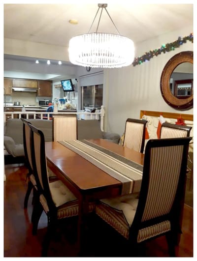 Dining area with table and chairs.