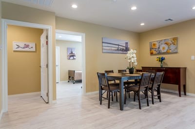 Bright interior common area with seating and decor