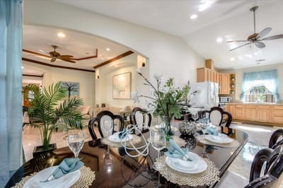 A dining room with an elegant table setting