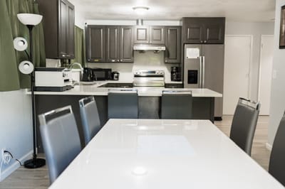 Modern kitchen and dining area in a senior care facility