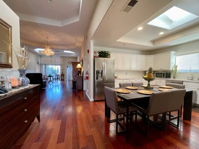 Bright and open kitchen area with dining table
