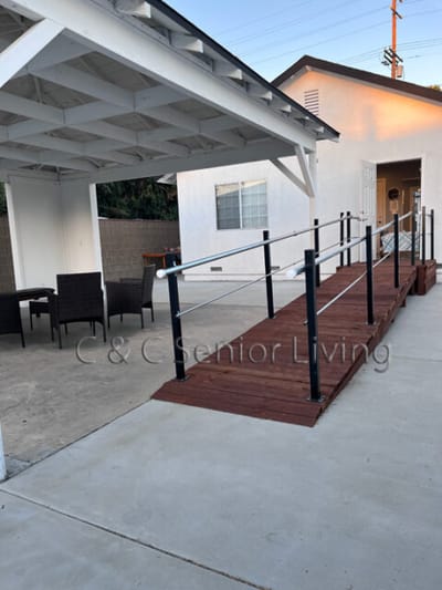 Accessible outdoor ramp leading to seating area