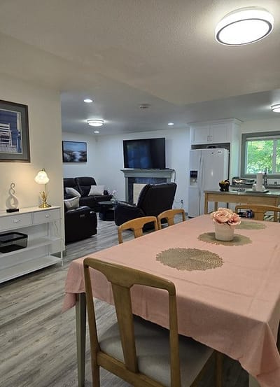 Cozy common area with a dining table and seating